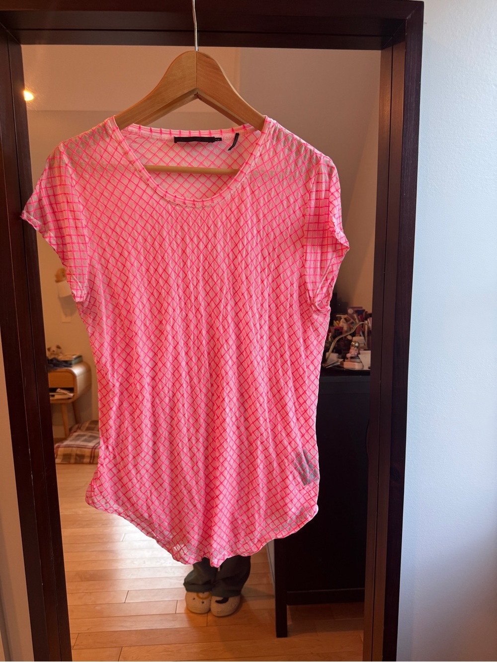 L.A.M.B. Semi-sheer Neon Pink Geometric top